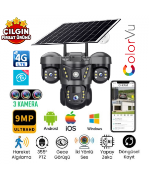 O-KAM 7070 9MP 4G eSim Kartlı Solar 3 Lens Alert PTZ