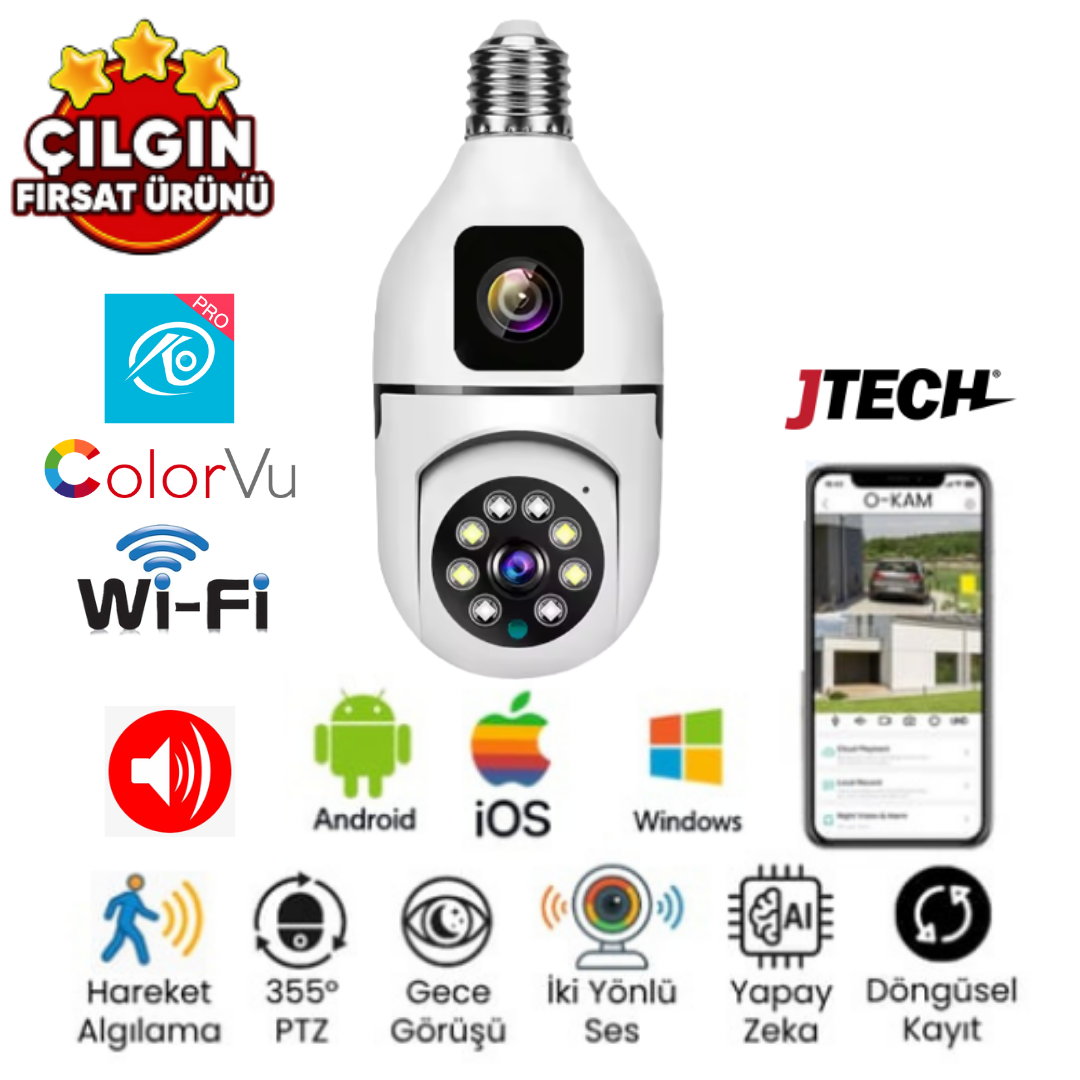 O-KAM 4046 (2MP 2MP) 4MP Wi-fi 2 Lens Alert PTZ Akıllı Ampul Kamera