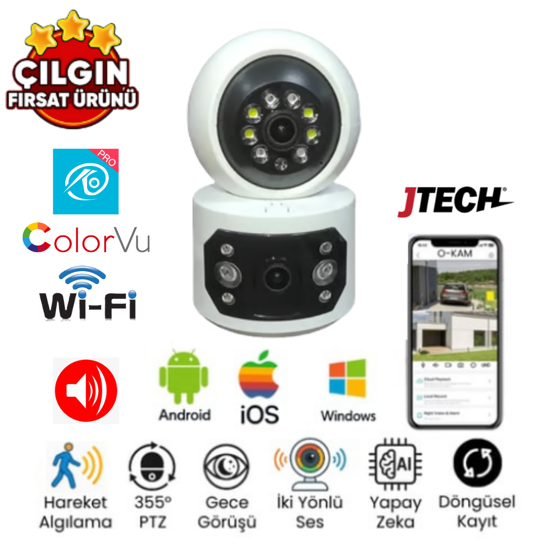 O-KAM 4047 (3mp+3mp) 6MP Wi-fi 2 Lens Alert PTZ Akıllı Masaüstü Kamera
