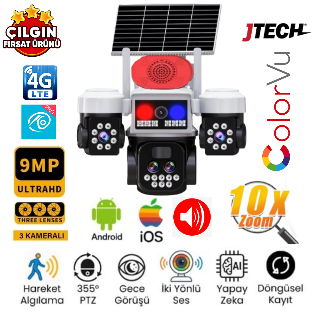 O-KAM 5051 (3mp+3mp+3mp) 9MP 4G Sim Kartlı Solar Panelli 3 Lens Alert 1 PTZ Akıllı Kamera