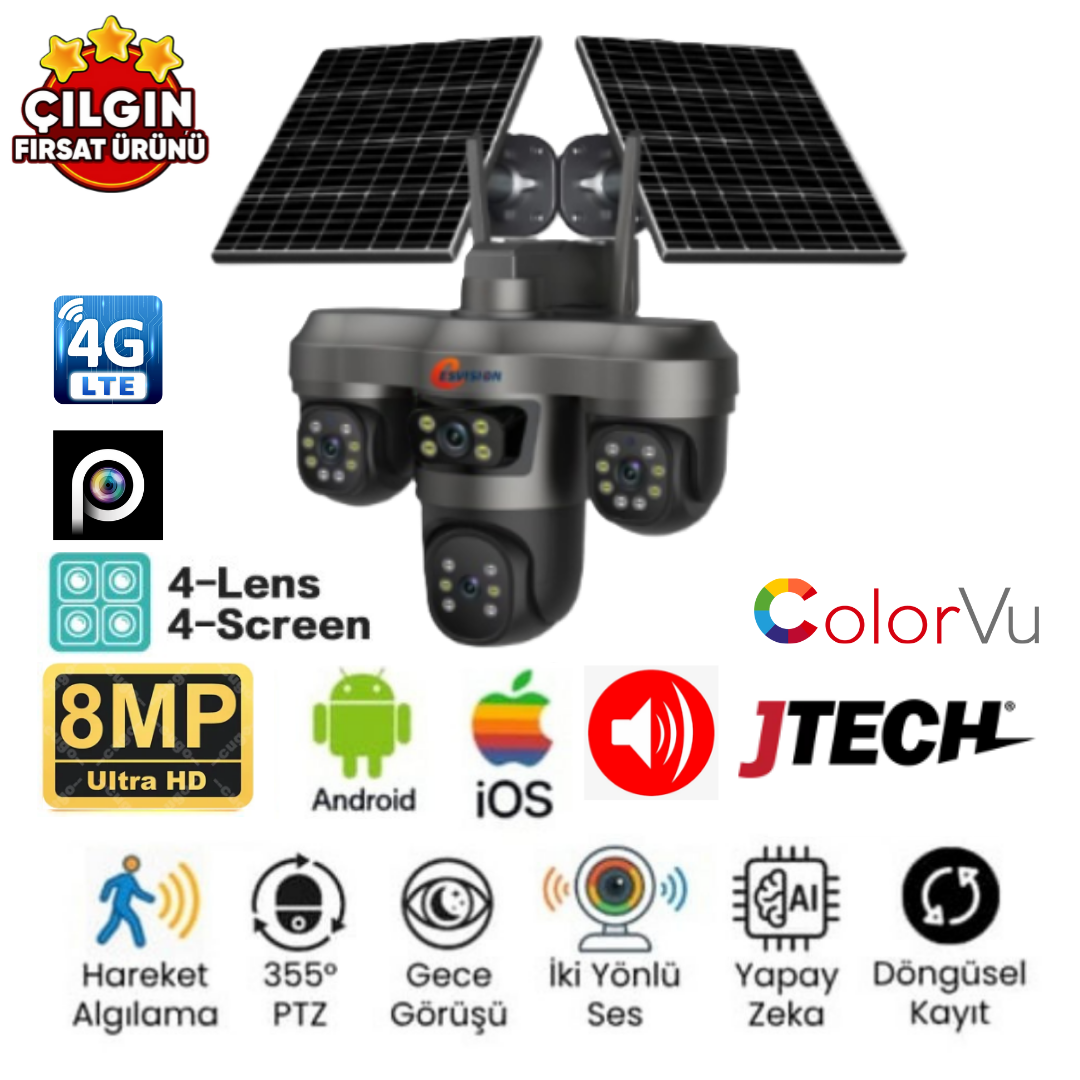 Esvision ES-5604 4Kamera 8MP AOV 4G Sim Kartlı Solar PTZ Akıllı Kamera