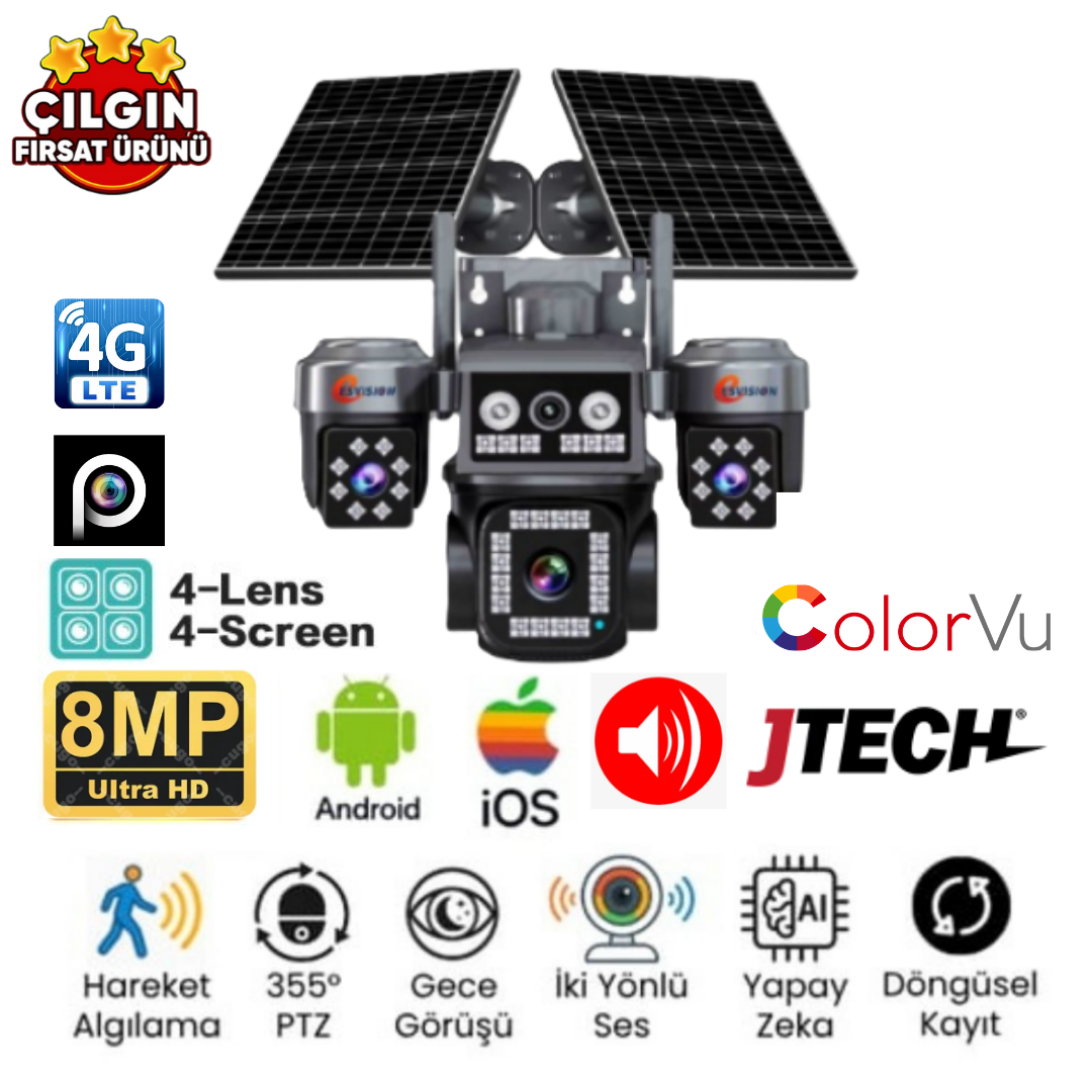 Esvision ES-5704 4Kamera 8MP AOV 4G Sim Kartlı Solar PTZ Akıllı Kamera
