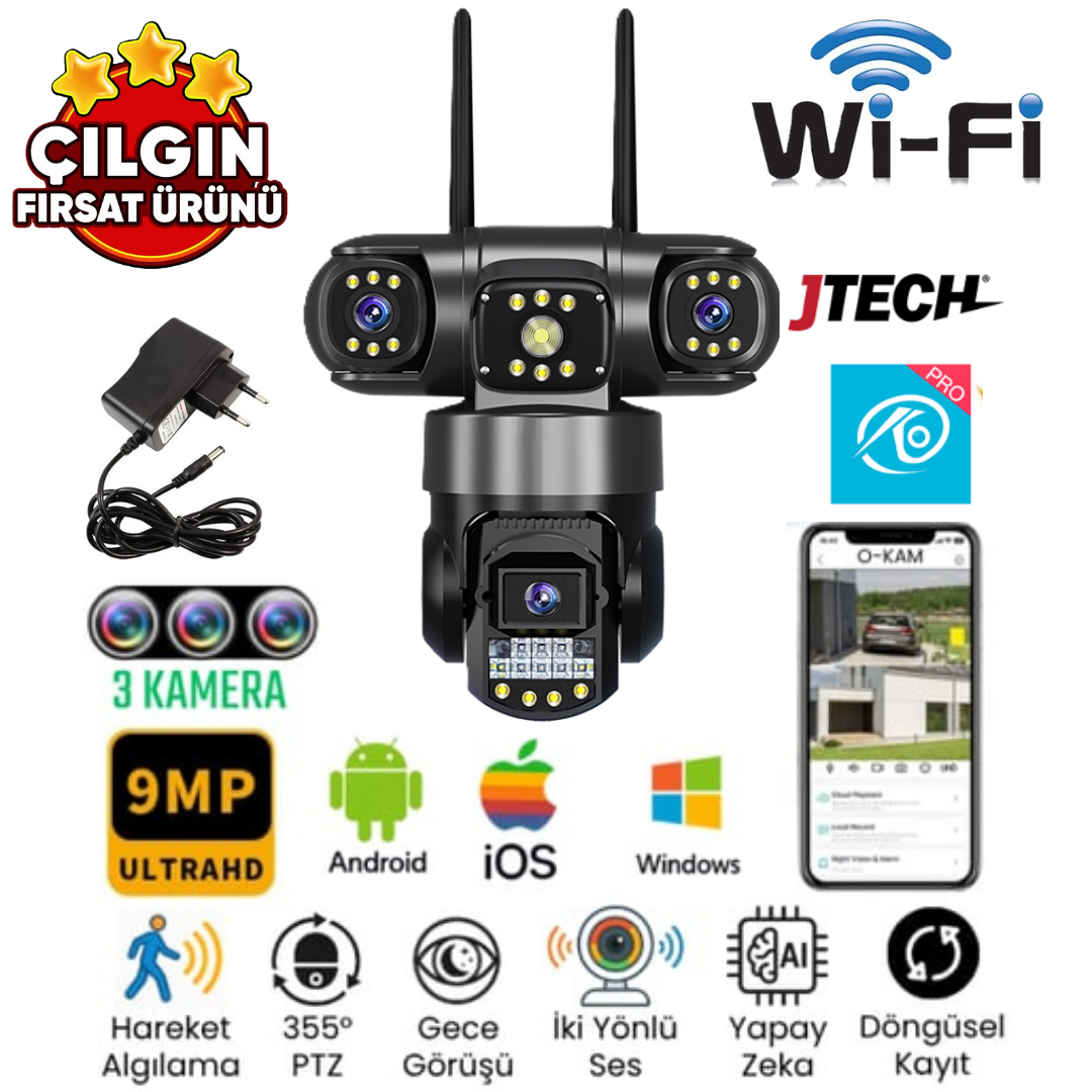 O-KAM 6030 (3mp+3mp+3mp) 9MP Wi-fi 3 Lens Alert PTZ Akıllı Kamera