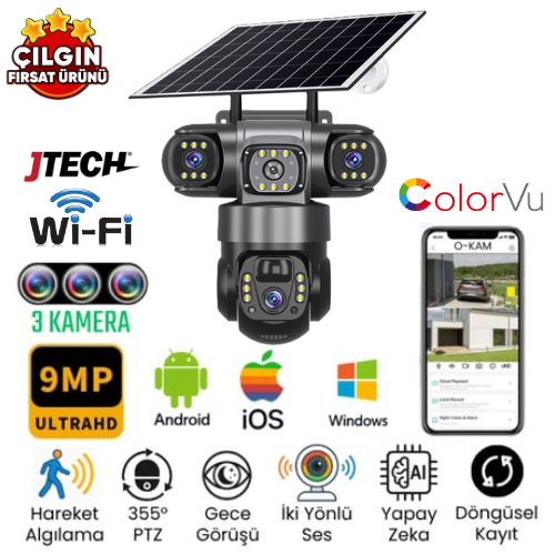 O-KAM 6040 (3mp+3mp+3mp) 9MP Wi-fi Solar Panelli 3 Lens Alert PTZ Akllı Kamera