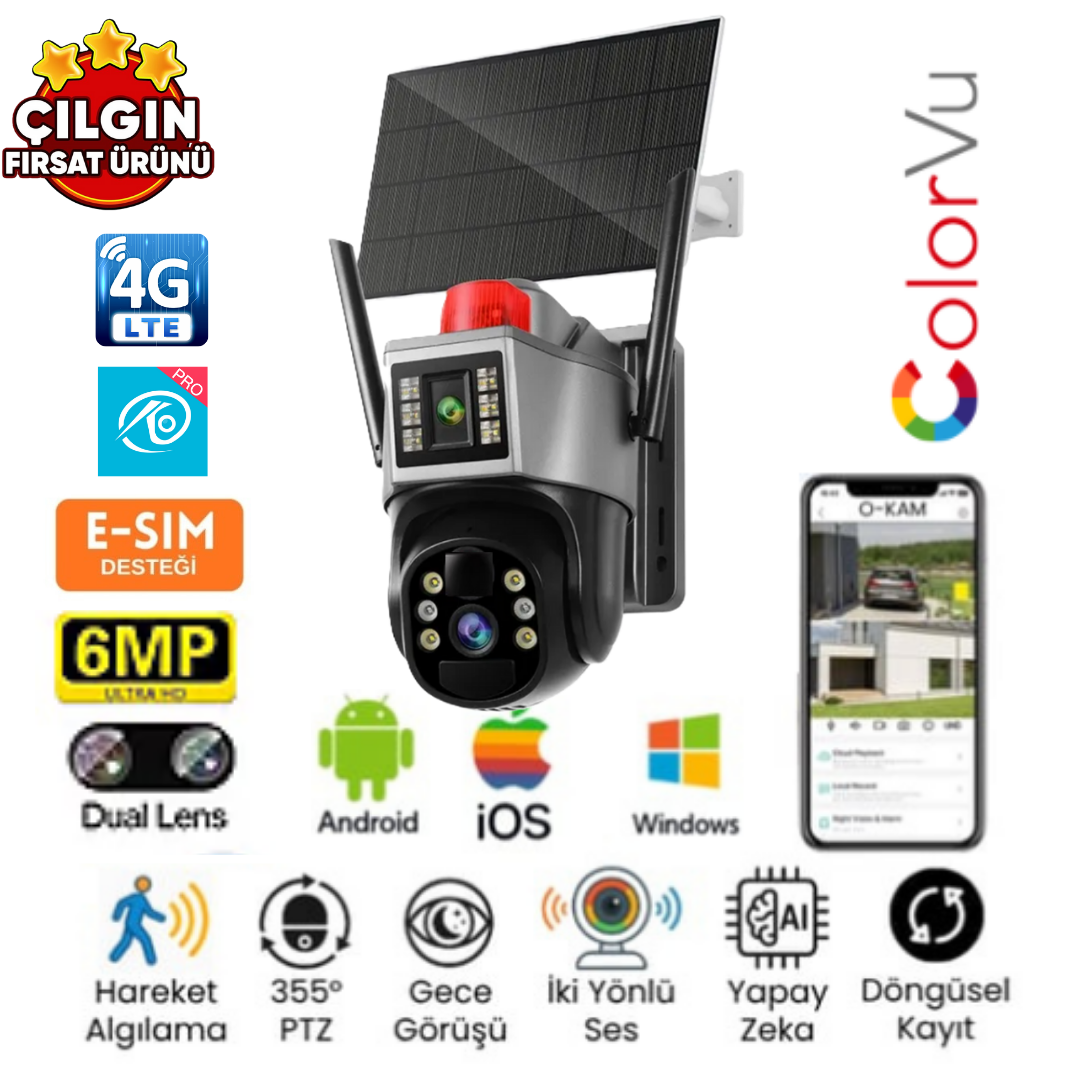 O-KAM 7015 (3MP+3MP) 6MP 4G Sim Kartlı Solar Panelli 2 Lens Alert PTZ