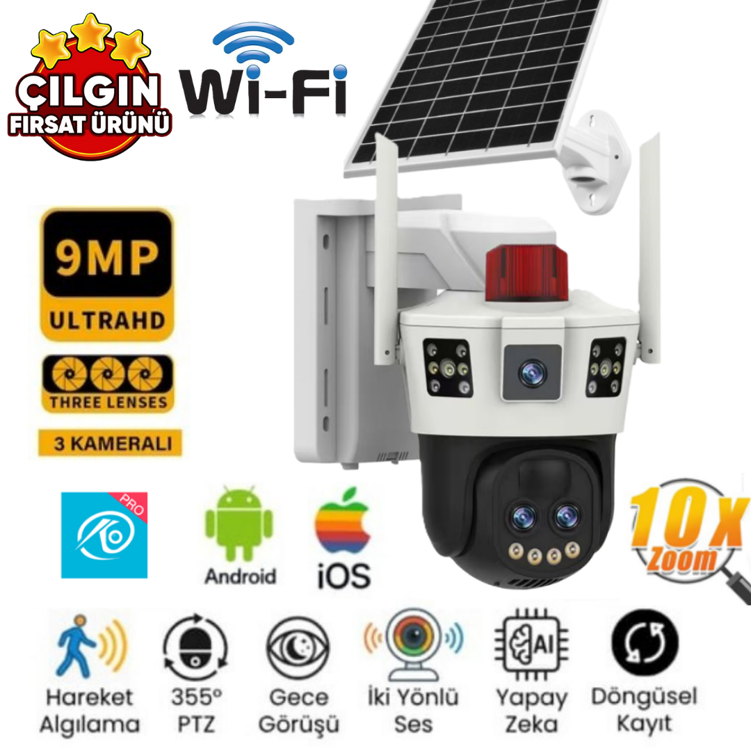 O-KAM 7050 6MP 10x Optik Zoom Wi-fi Solar 2 Lens Alert PTZ