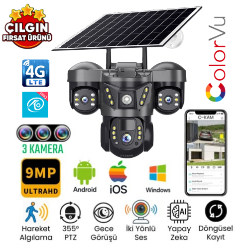 O-KAM 7070 9MP 4G eSim Kartlı Solar 3 Lens Alert PTZ