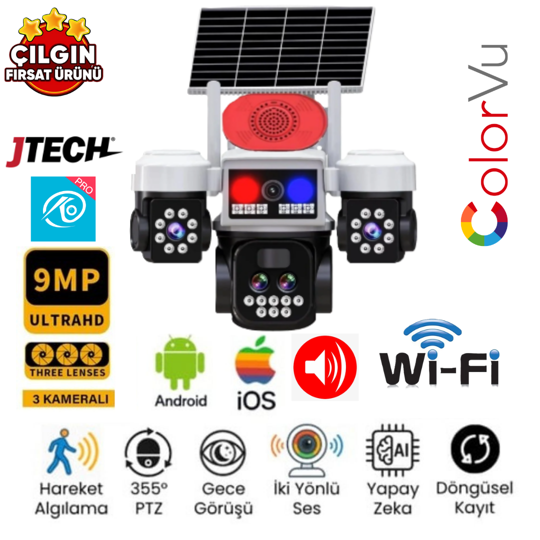 O-KAM 8095 (3mp+3mp+3mp) 9MP Wi-fi Solar Panelli 3 Lens Alert PTZ Akllı Kamera
